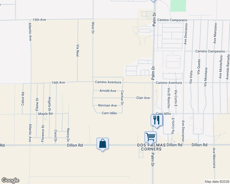 map of restaurants, bars, coffee shops, grocery stores, and more near Arnold Avenue in Desert Hot Springs
