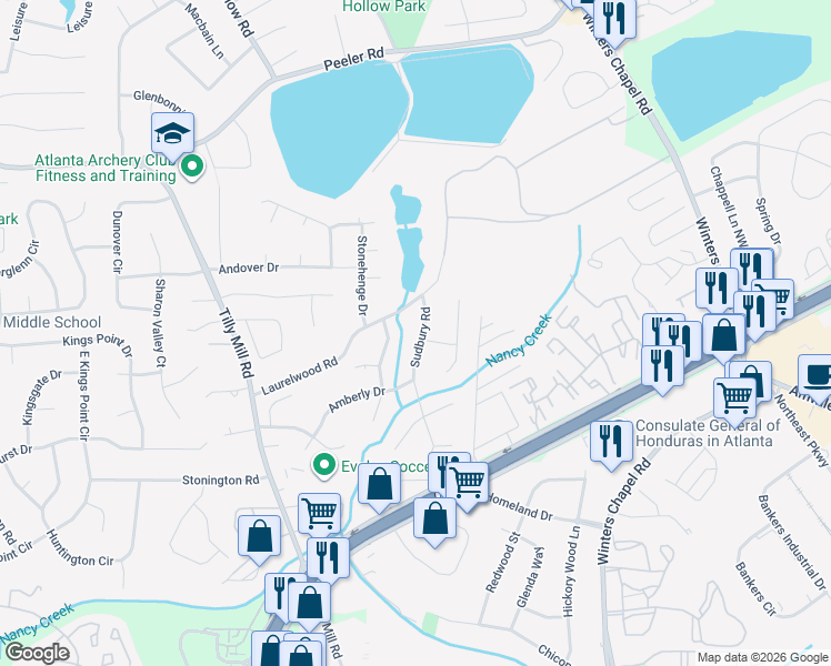 map of restaurants, bars, coffee shops, grocery stores, and more near 4582 Sudbury Road in Atlanta