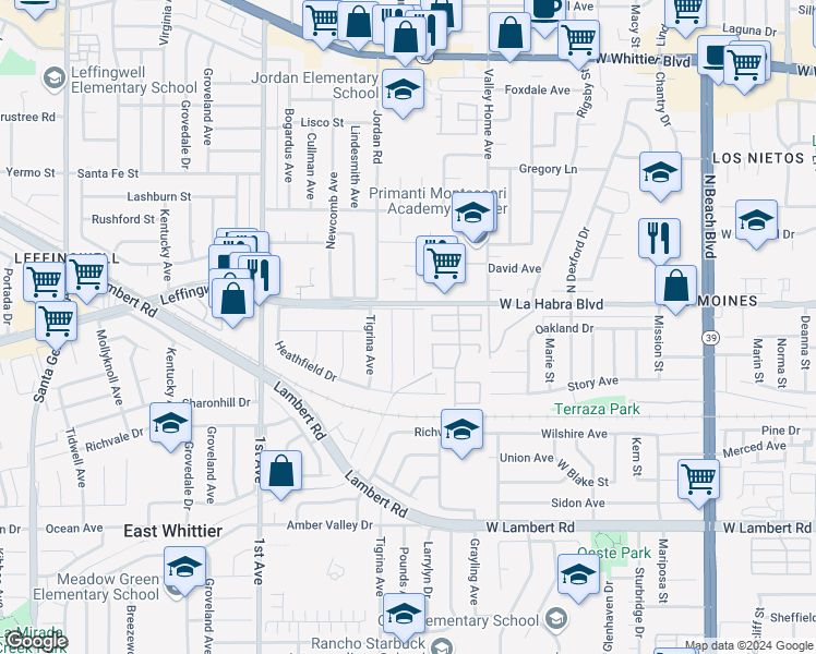 map of restaurants, bars, coffee shops, grocery stores, and more near 11119 Larrylyn Drive in Whittier