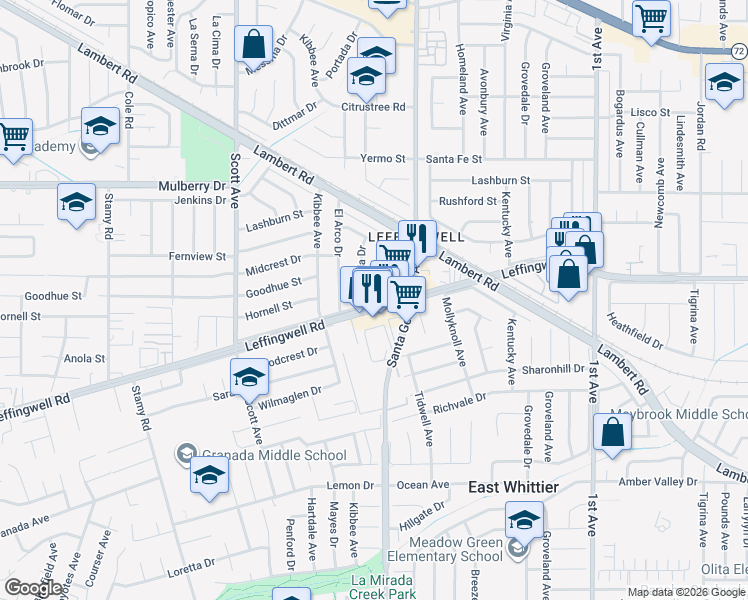 map of restaurants, bars, coffee shops, grocery stores, and more near 15693 Leffingwell Road in Whittier