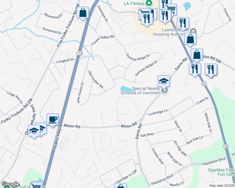 map of restaurants, bars, coffee shops, grocery stores, and more near 352 Maple Wood Drive in Lawrenceville