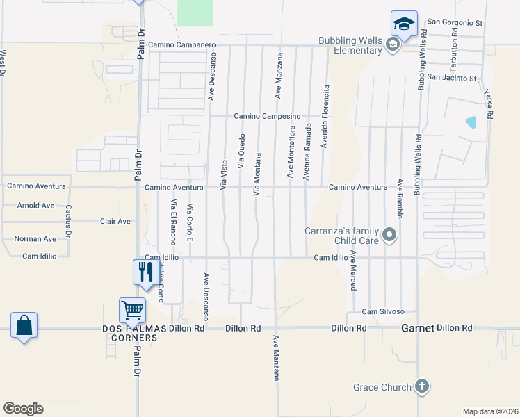map of restaurants, bars, coffee shops, grocery stores, and more near 16150 Vía Montana in Desert Hot Springs