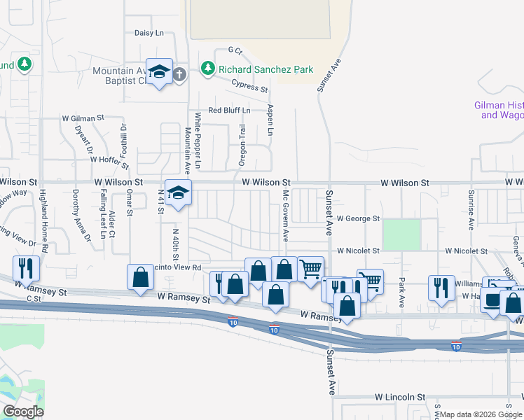 map of restaurants, bars, coffee shops, grocery stores, and more near in Banning