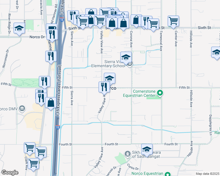 map of restaurants, bars, coffee shops, grocery stores, and more near 732 Sixth Street in Norco