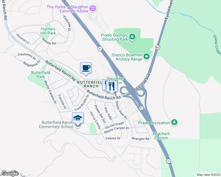 map of restaurants, bars, coffee shops, grocery stores, and more near 6500 Butterfield Ranch Road in Chino Hills