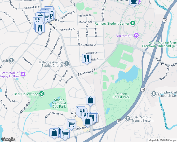 map of restaurants, bars, coffee shops, grocery stores, and more near 760 East Campus Road in Athens