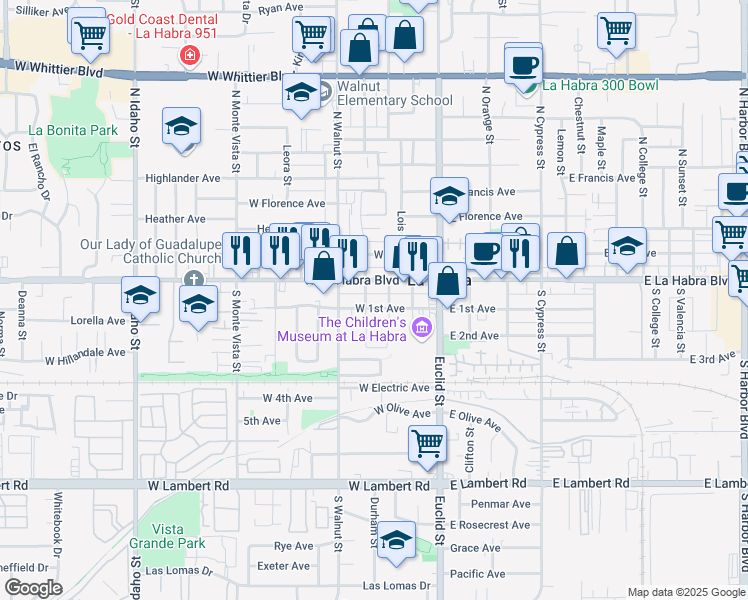 map of restaurants, bars, coffee shops, grocery stores, and more near 313 West 1st Avenue in La Habra