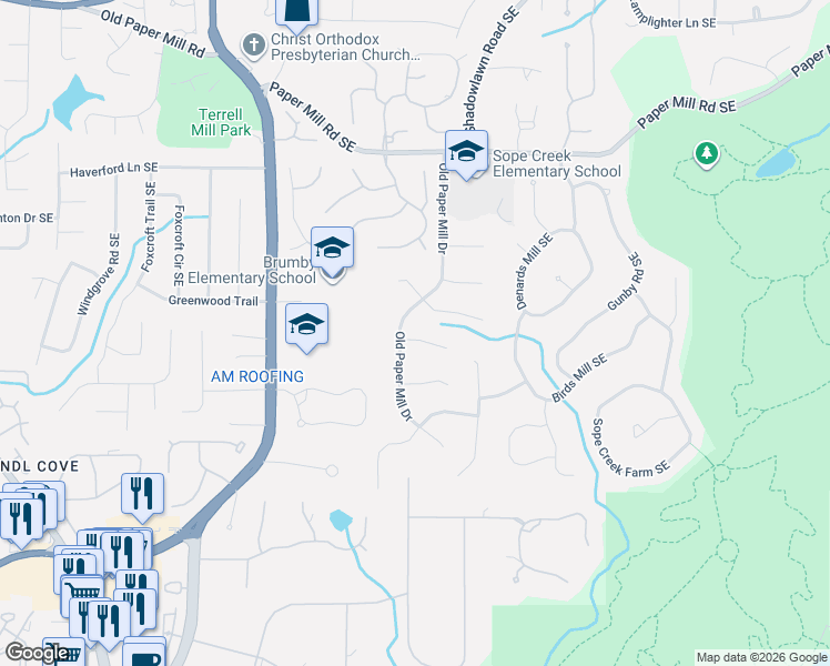 map of restaurants, bars, coffee shops, grocery stores, and more near 772 Old Paper Mill Drive in Marietta