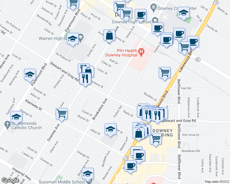 map of restaurants, bars, coffee shops, grocery stores, and more near 8513 Fontana Street in Downey