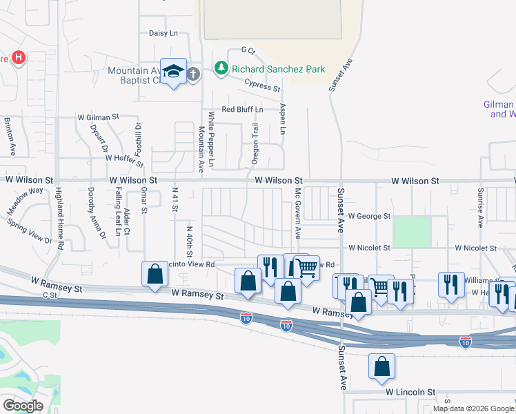 map of restaurants, bars, coffee shops, grocery stores, and more near 3800 West Wilson Street in Banning