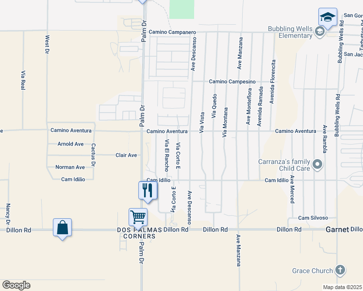 map of restaurants, bars, coffee shops, grocery stores, and more near 16152 Vía Corto East in Desert Hot Springs
