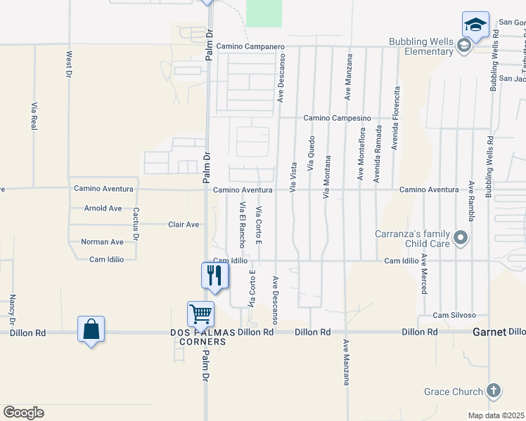 map of restaurants, bars, coffee shops, grocery stores, and more near 16105 Vía Corto East in Desert Hot Springs