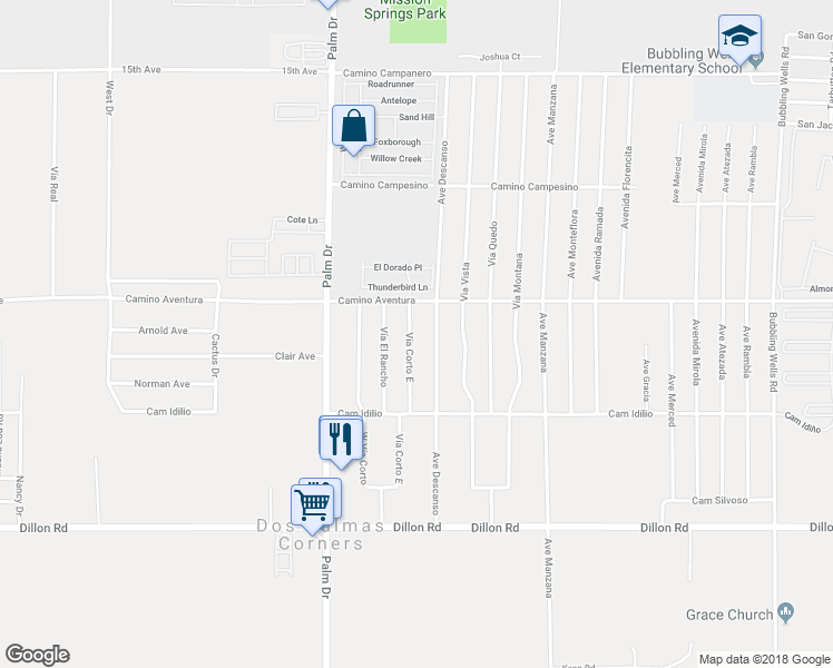 map of restaurants, bars, coffee shops, grocery stores, and more near 16152 Vía Corto East in Desert Hot Springs