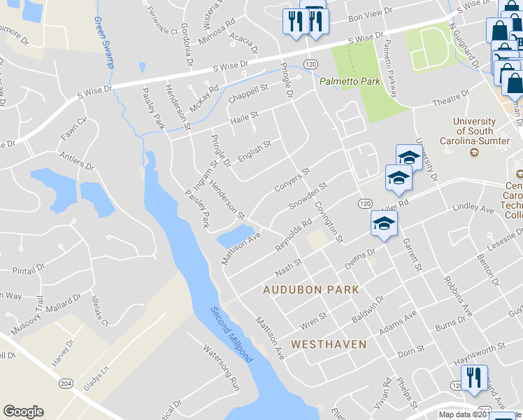 map of restaurants, bars, coffee shops, grocery stores, and more near 140 Conyers Street in Sumter