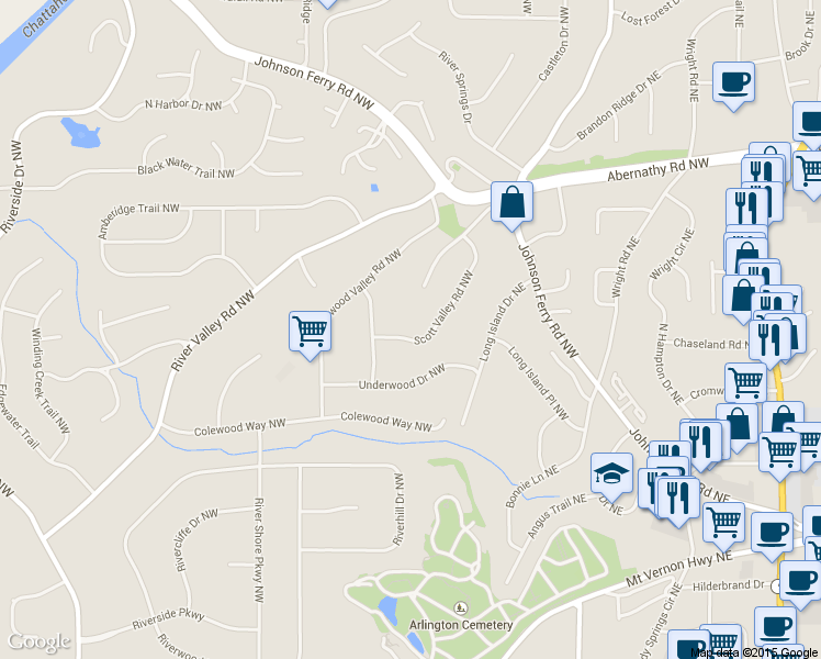 map of restaurants, bars, coffee shops, grocery stores, and more near 6440 Scott Valley Rd NW in Atlanta
