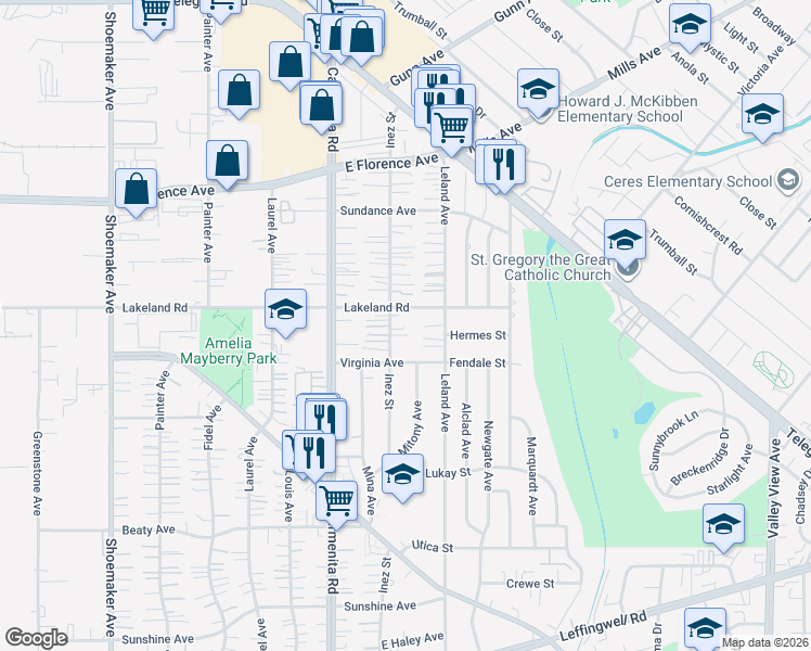 map of restaurants, bars, coffee shops, grocery stores, and more near 11016 Inez Street in Whittier