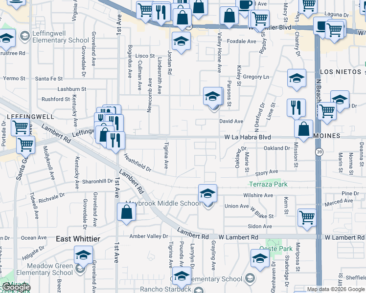 map of restaurants, bars, coffee shops, grocery stores, and more near 11119 Larrylyn Drive in Whittier