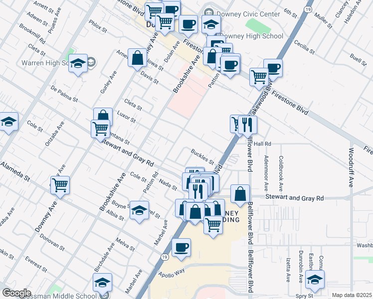 map of restaurants, bars, coffee shops, grocery stores, and more near 8629 Buckles Street in Downey