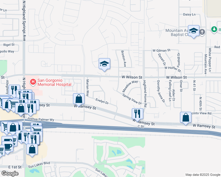 map of restaurants, bars, coffee shops, grocery stores, and more near 5262 Spring View Drive in Banning