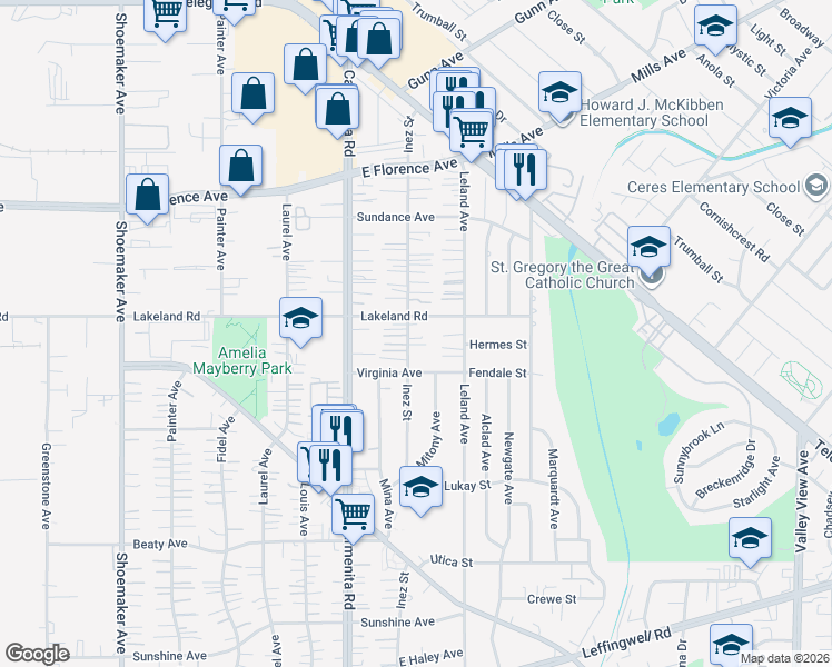map of restaurants, bars, coffee shops, grocery stores, and more near 11016 Inez Street in Whittier