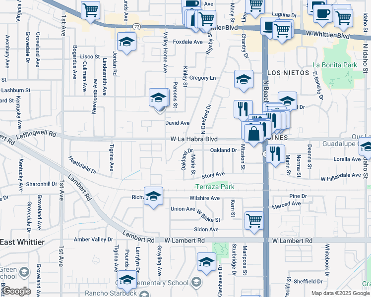 map of restaurants, bars, coffee shops, grocery stores, and more near 2461 Oakland Drive in La Habra