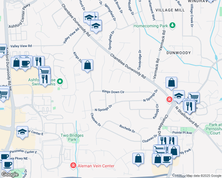 map of restaurants, bars, coffee shops, grocery stores, and more near 1600 Kings Down Circle in Atlanta