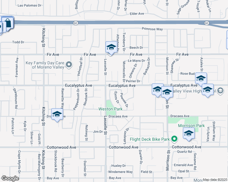 map of restaurants, bars, coffee shops, grocery stores, and more near 13031 Eyota Drive in Moreno Valley