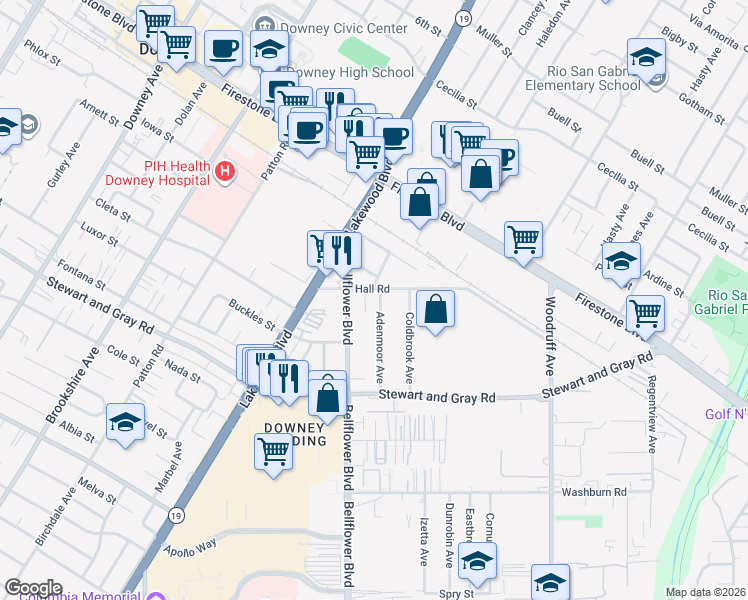 map of restaurants, bars, coffee shops, grocery stores, and more near 11604 Bellflower Boulevard in Downey