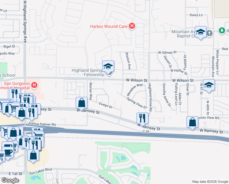 map of restaurants, bars, coffee shops, grocery stores, and more near 5289 Spring View Drive in Banning