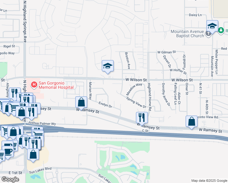 map of restaurants, bars, coffee shops, grocery stores, and more near 5262 Spring View Drive in Banning