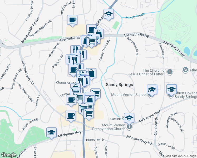 map of restaurants, bars, coffee shops, grocery stores, and more near 6478 Cherry Tree Lane Northeast in Atlanta