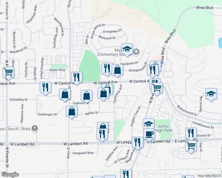 map of restaurants, bars, coffee shops, grocery stores, and more near 330 West Central Avenue in Brea