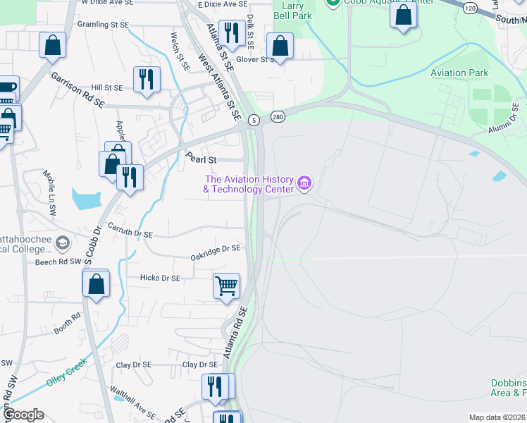 map of restaurants, bars, coffee shops, grocery stores, and more near 500-522 Perrin Rd in Marietta
