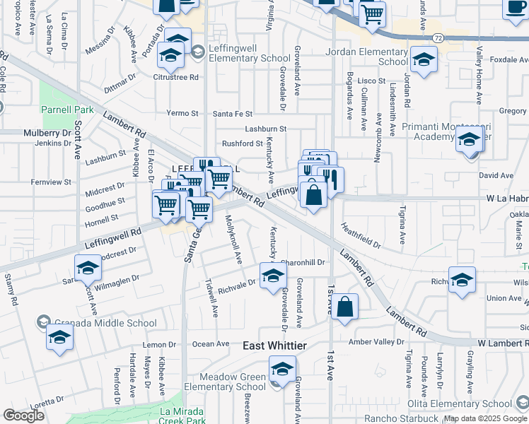 map of restaurants, bars, coffee shops, grocery stores, and more near 15951 Milvern Drive in Whittier