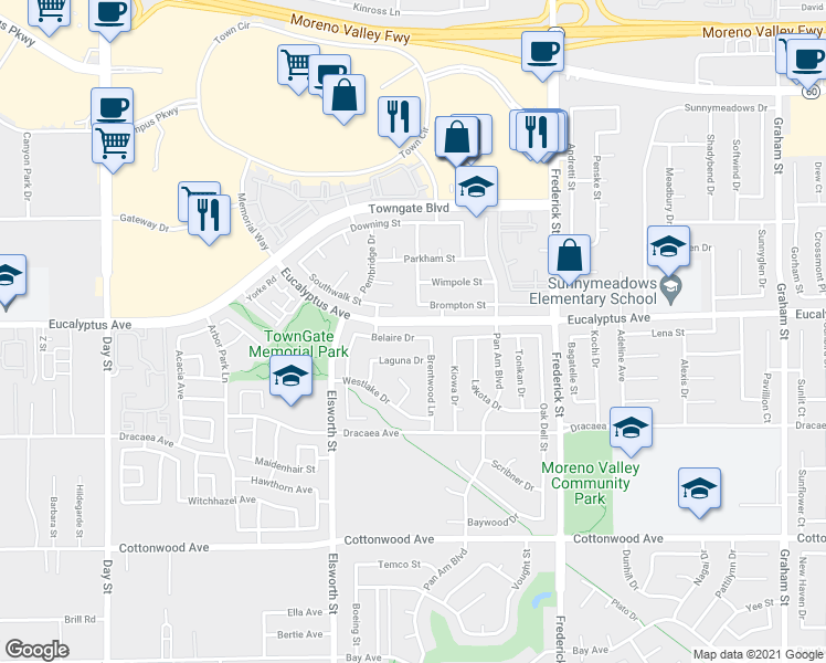 map of restaurants, bars, coffee shops, grocery stores, and more near 22670 Belaire Drive in Moreno Valley