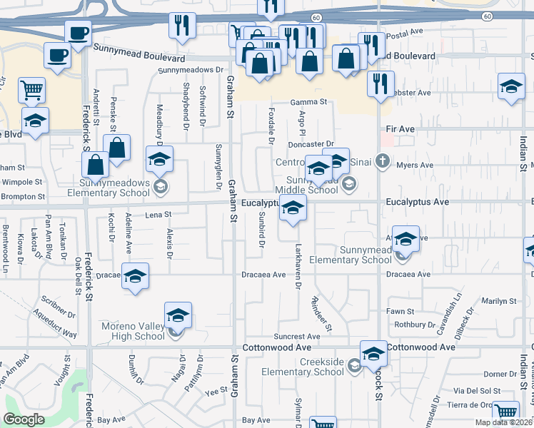 map of restaurants, bars, coffee shops, grocery stores, and more near 13012 Sunbird Drive in Moreno Valley