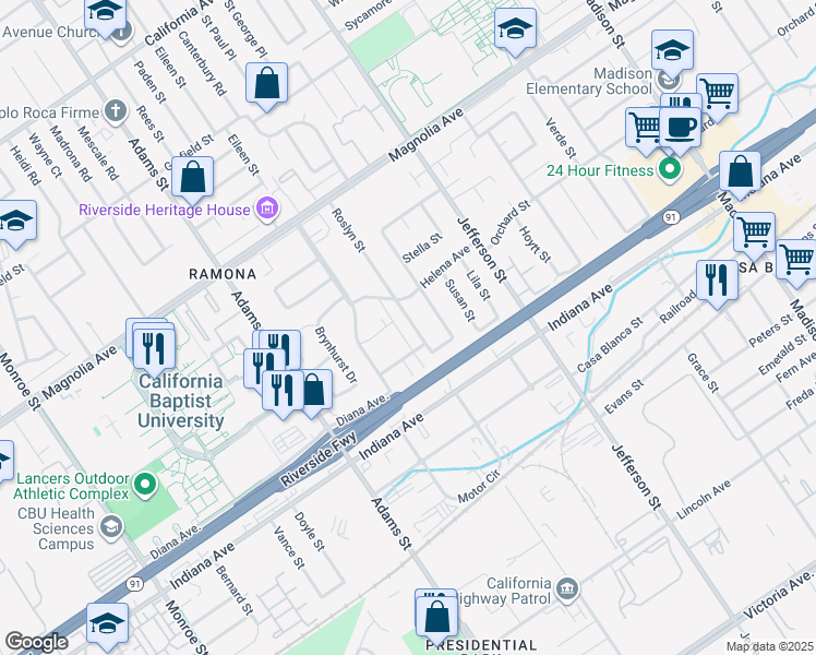 map of restaurants, bars, coffee shops, grocery stores, and more near 3548 Roslyn Street in Riverside