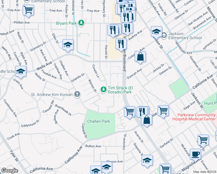 map of restaurants, bars, coffee shops, grocery stores, and more near 4625 Montgomery Street in Riverside