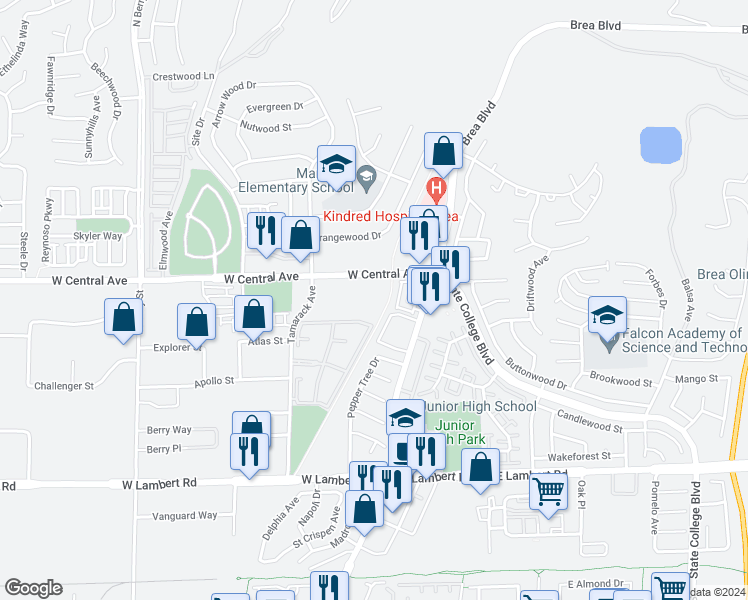 map of restaurants, bars, coffee shops, grocery stores, and more near 220 West Central Avenue in Brea