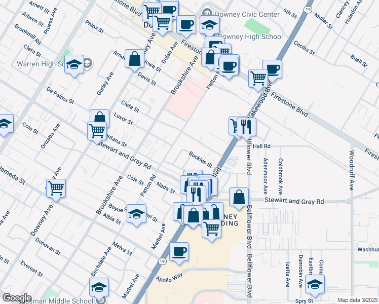 map of restaurants, bars, coffee shops, grocery stores, and more near 8629 Buckles Street in Downey