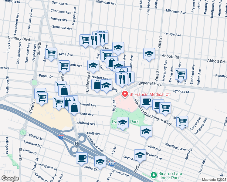 map of restaurants, bars, coffee shops, grocery stores, and more near 3615 East Imperial Highway in Lynwood