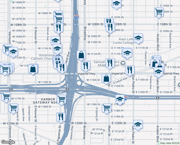 map of restaurants, bars, coffee shops, grocery stores, and more near 251 West Imperial Highway in Los Angeles