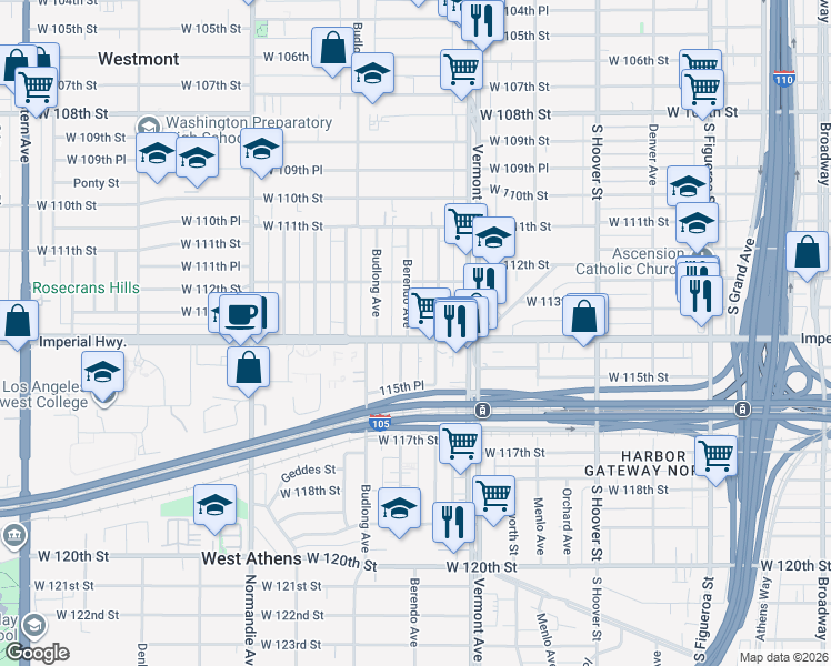map of restaurants, bars, coffee shops, grocery stores, and more near 11245 Berendo Avenue in Los Angeles