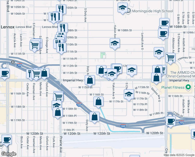 map of restaurants, bars, coffee shops, grocery stores, and more near 3714 West 113th Street in Inglewood