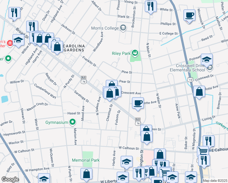 map of restaurants, bars, coffee shops, grocery stores, and more near 10 Peach Street in Sumter