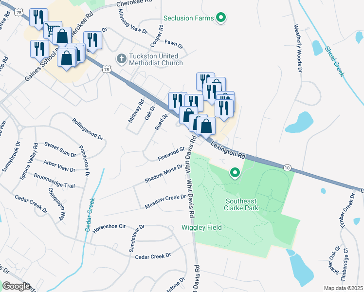 map of restaurants, bars, coffee shops, grocery stores, and more near 150 Whit Davis Rd in Athens
