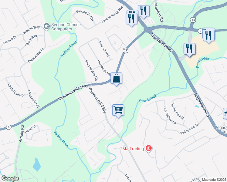 map of restaurants, bars, coffee shops, grocery stores, and more near 1805 McDowell Court in Lawrenceville