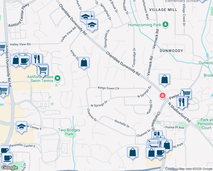 map of restaurants, bars, coffee shops, grocery stores, and more near 1600 Kings Down Circle in Atlanta