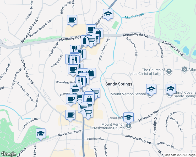 map of restaurants, bars, coffee shops, grocery stores, and more near 6478 Cherry Tree Lane Northeast in Atlanta