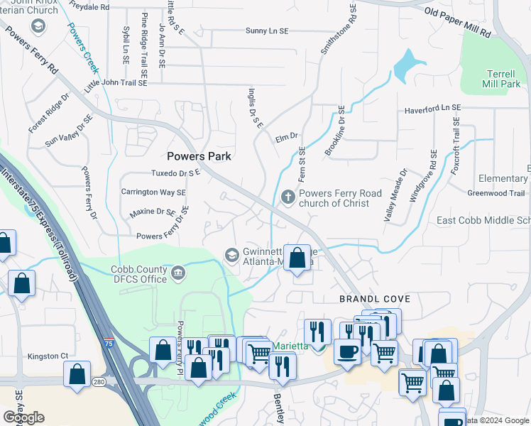 map of restaurants, bars, coffee shops, grocery stores, and more near 703 Hanover Lane Southeast in Marietta